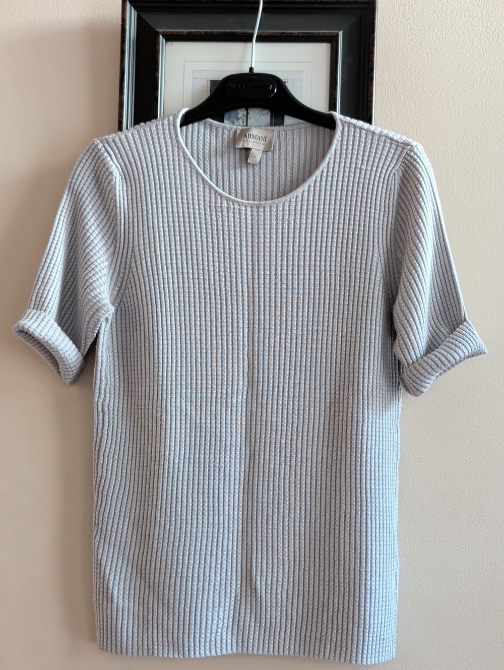Armani Collezioni Light Gray Short-Sleeve Wool Blend Ribbed Knit Top